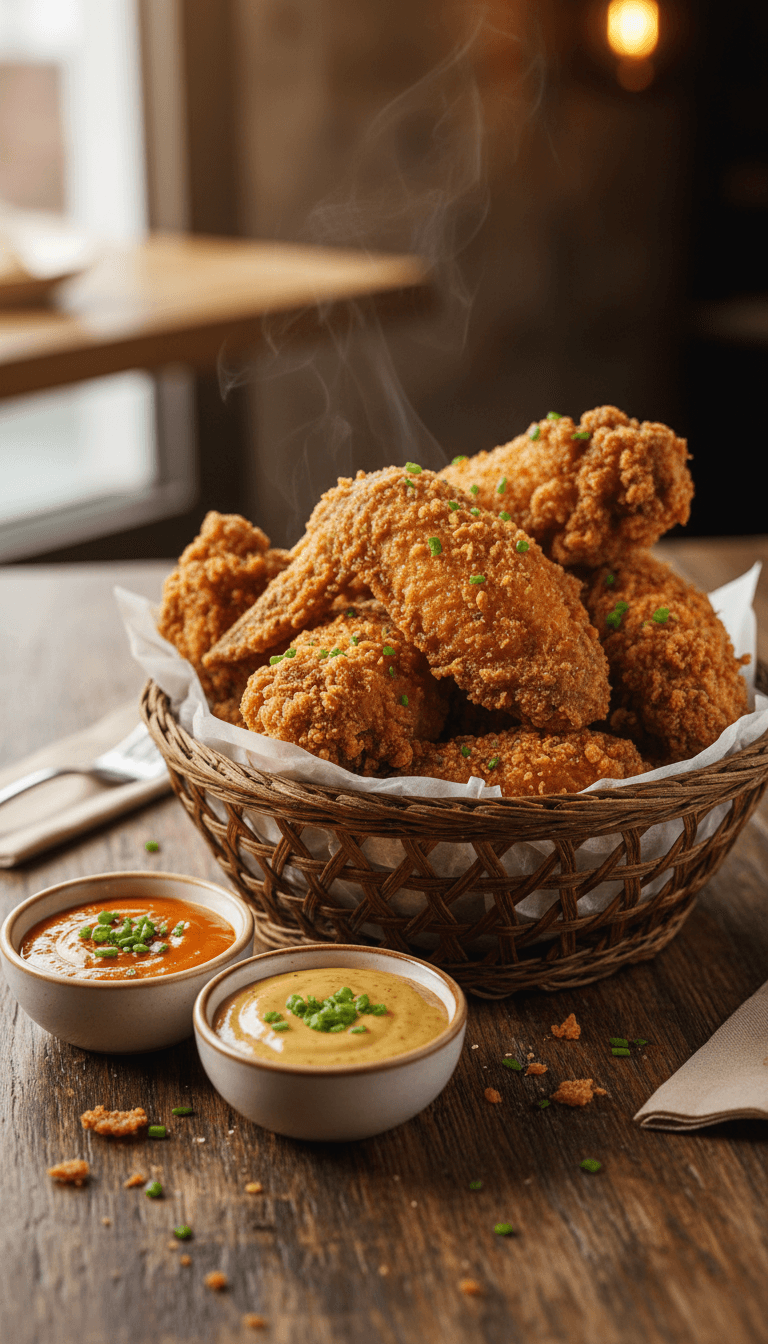 Basket of crispy chicken wings with a small cup of dipping sauce