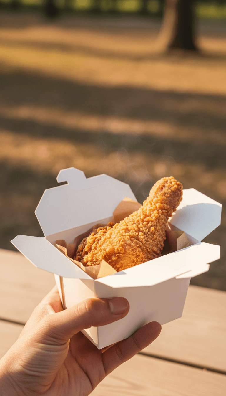 Hand holding a takeout box with a fried chicken leg inside
