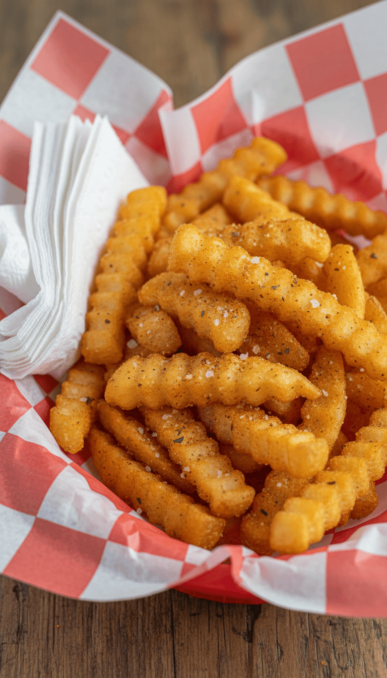Close-up of seasoned french fries in a red checkered basket