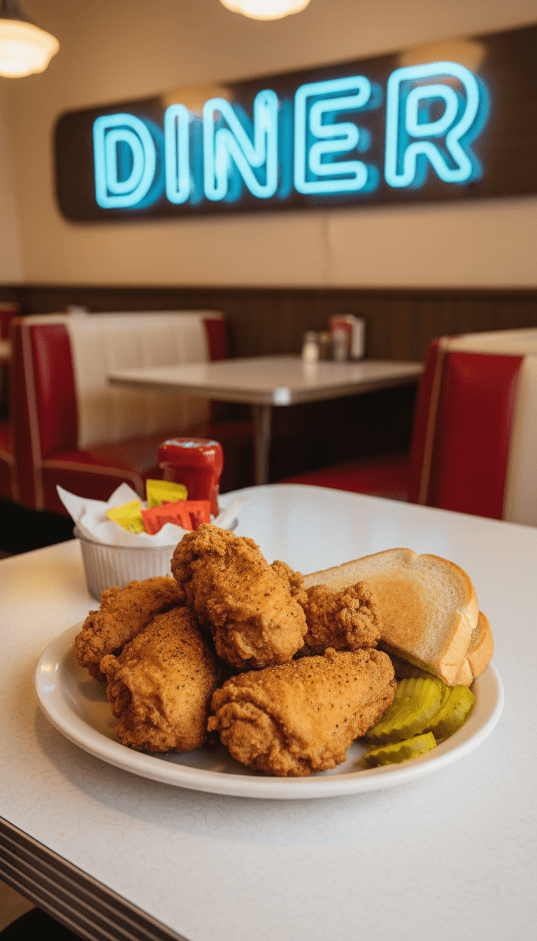 Golden fried chicken breast on a plate with pickles and a slice of white bread