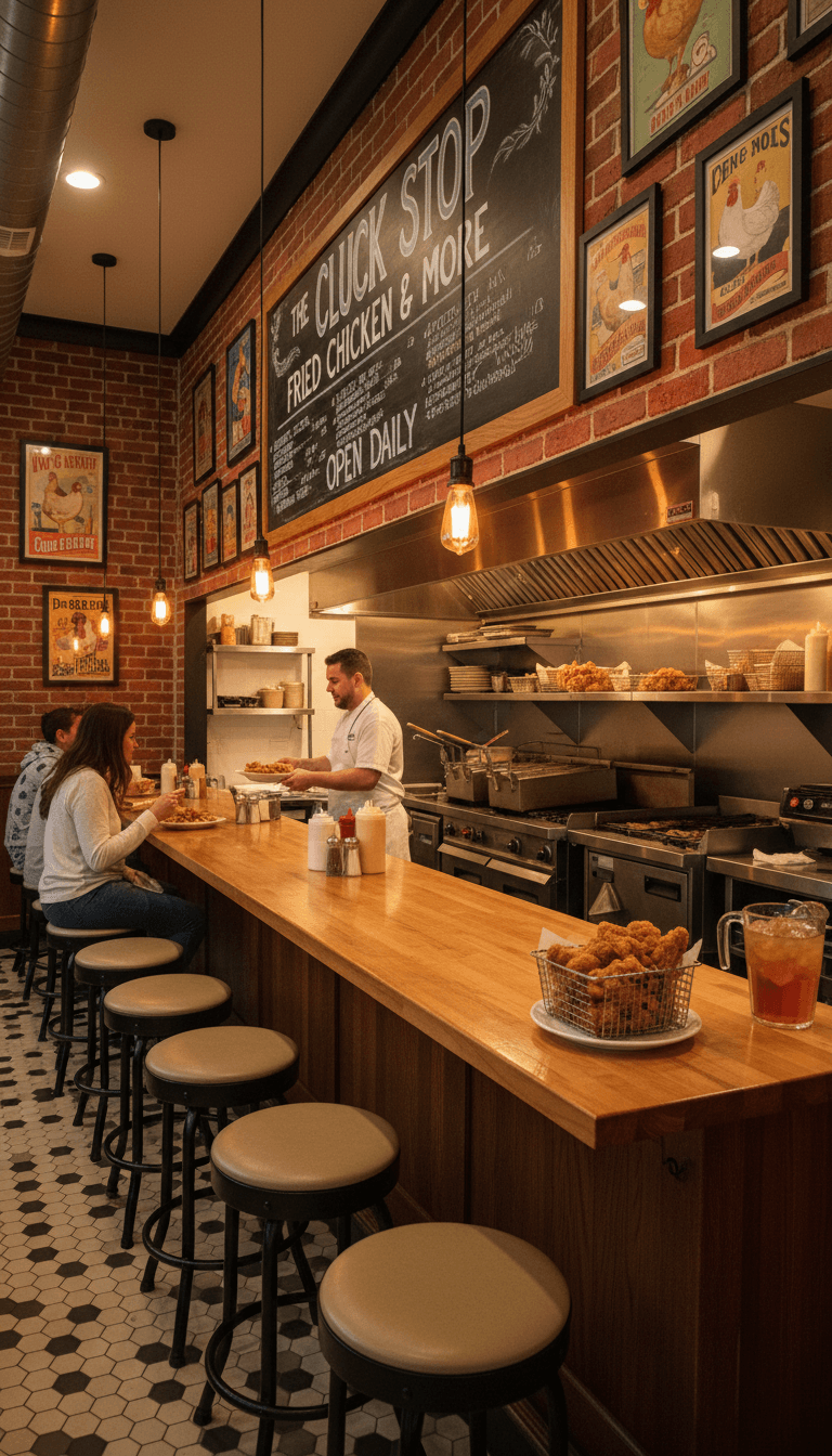Cozy interior of a small chicken shack with a counter and stools
