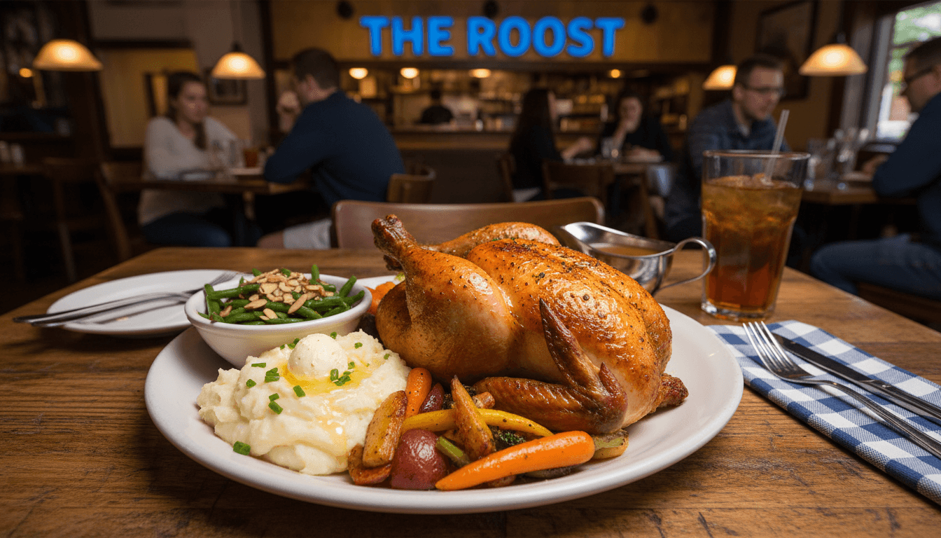 Chicken dinner with sides on a plate in a casual dining setting
