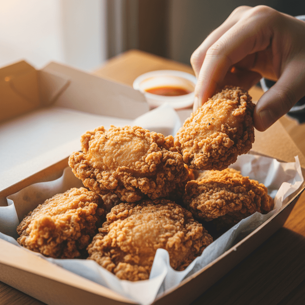 Takeout bag and box of fried chicken