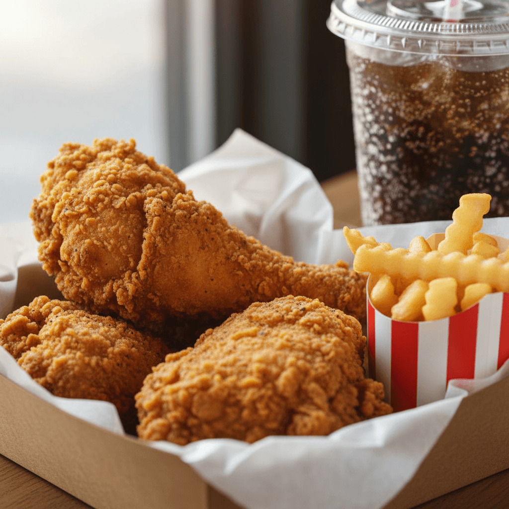 Golden fried chicken in a takeout box on a counter with warm lighting and restaurant background