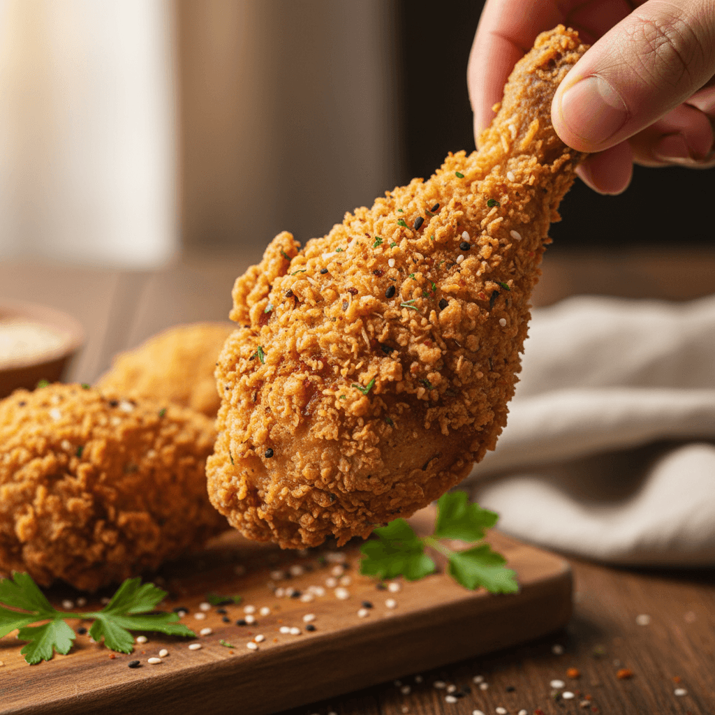 Crispy fried chicken on a plate with dipping sauce