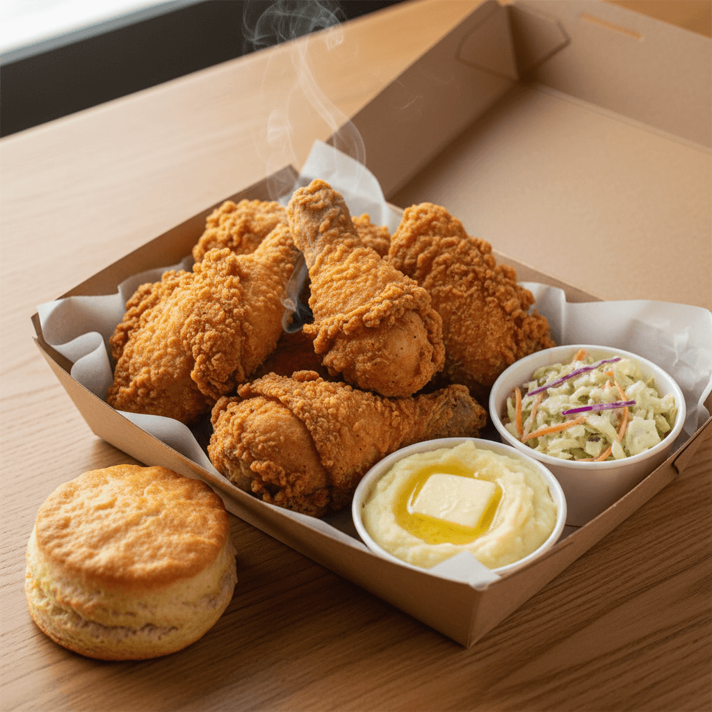 Fried chicken in a takeout container with coleslaw