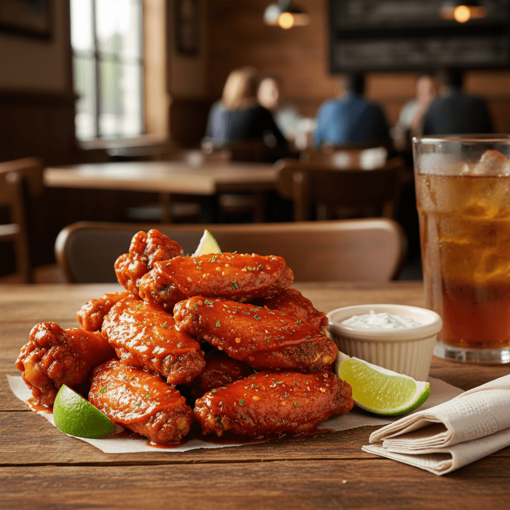 Crispy fried chicken wings on a plate with hot sauce