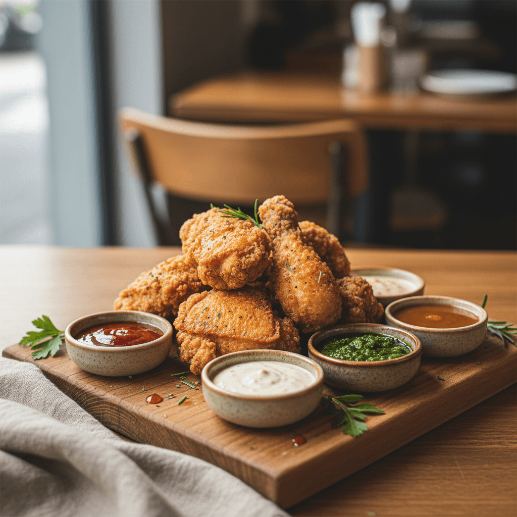 Fried chicken tenders in a basket with sauce